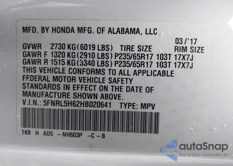 2017 Honda Odyssey Ex-L z USA, uszkodzony, nr VIN 5FNRL5H62HB020641